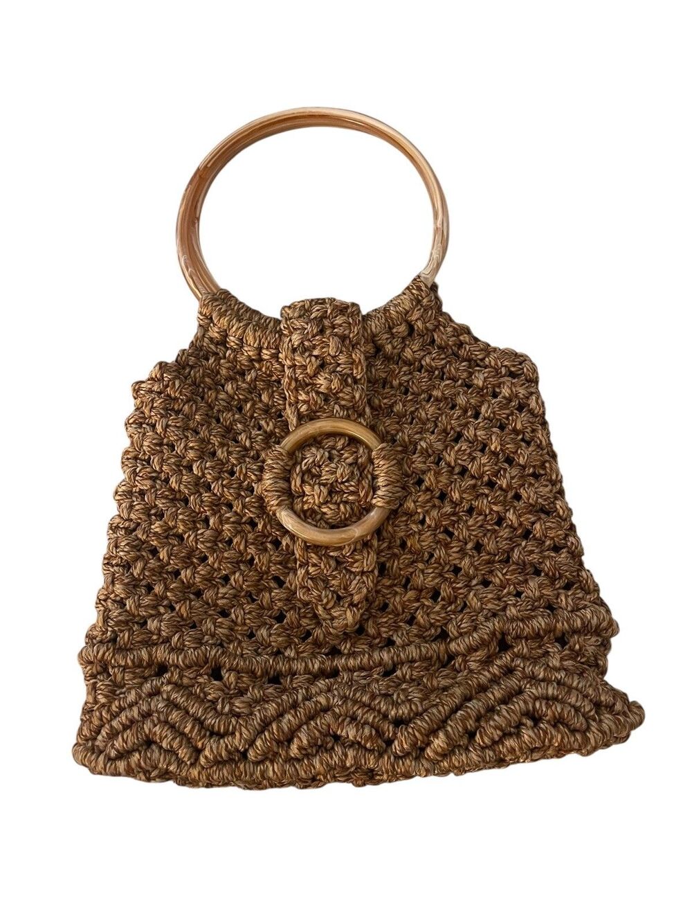 70s Boho Macrame Satchel Purse Jute Hemp Twine Ring Loop Closure Lucite Details